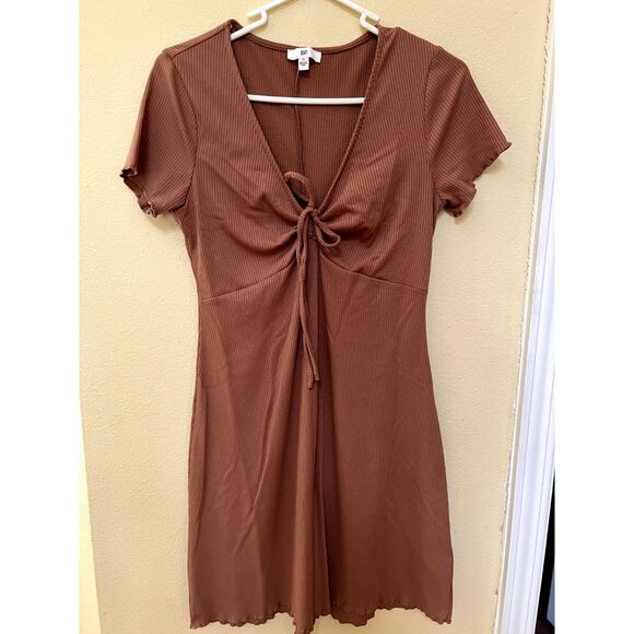 BP Tie Front Lettuce Edge Mini Dress, Tan Color Women Size M, Rib Knit Dress - Picture 3 of 13